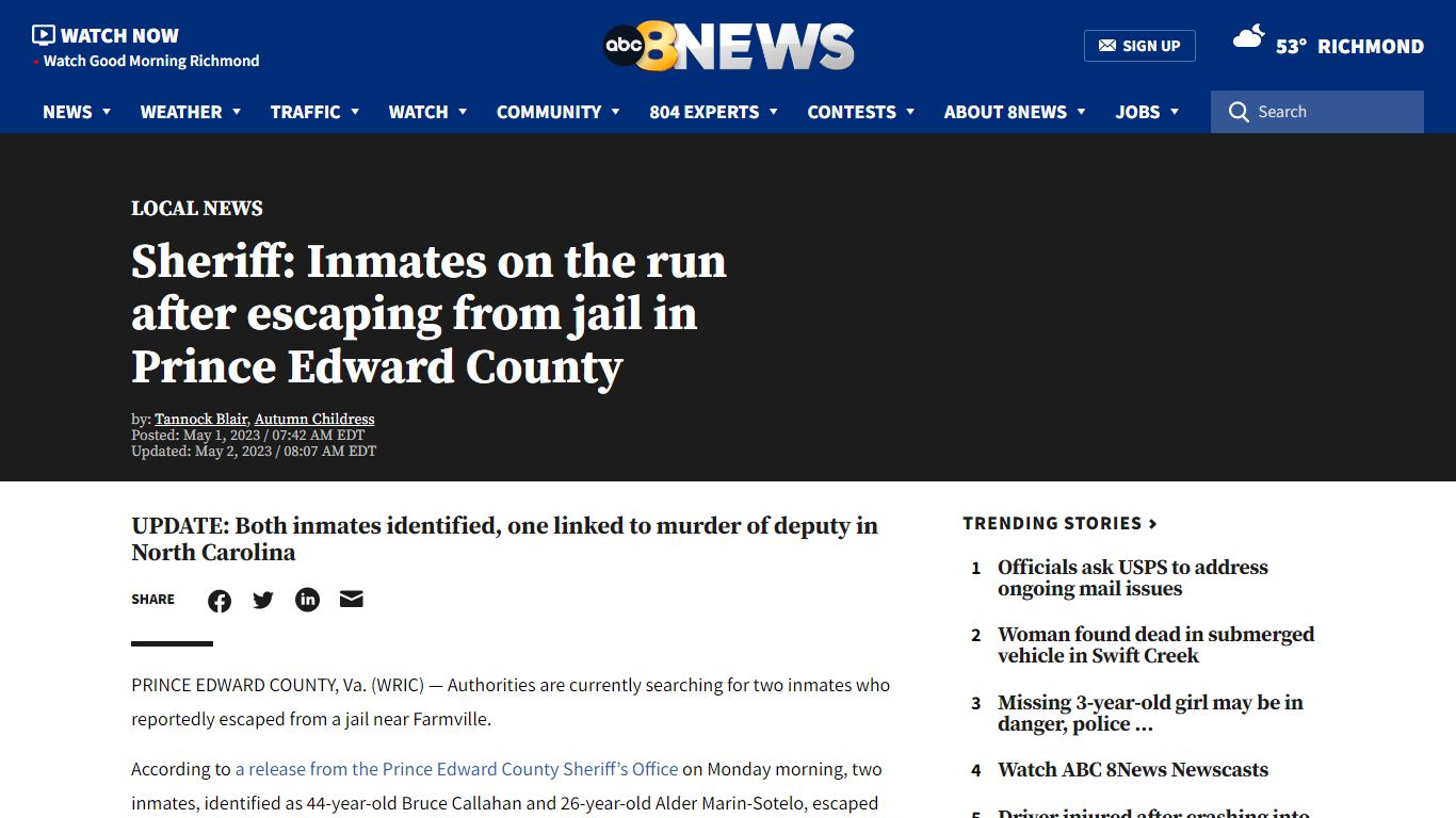Sheriff: Inmates on the run after escaping from jail in Prince Edward ...
